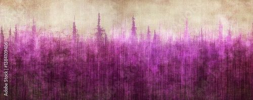 Abstract forest with purple trees creates a dreamy scene against a textured beige sky background