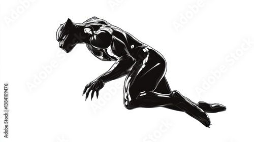 Obraz na płótnie Black panther-like figure crouching, white background, action pose, illustration w salonie