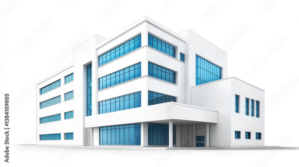 Modern white office building, isolated, clean background, architectural design, for real estate brochures