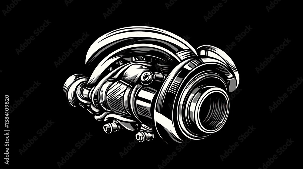 Futuristic engine detail, black background, mechanical design, industrial graphic