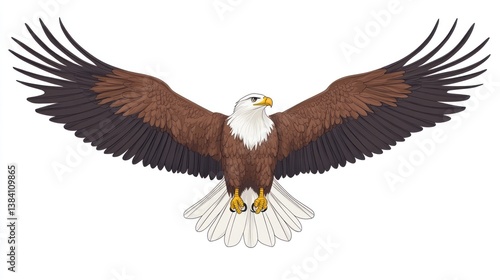 Majestic bald eagle in flight, white background, nature