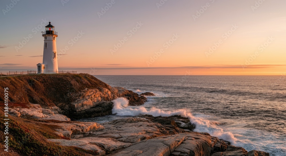 Fototapeta premium Lighthouse on rocky coast during sunset with waves crashing
