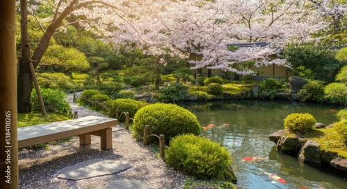 Serene Japanese garden with cherry blossoms and koi pond