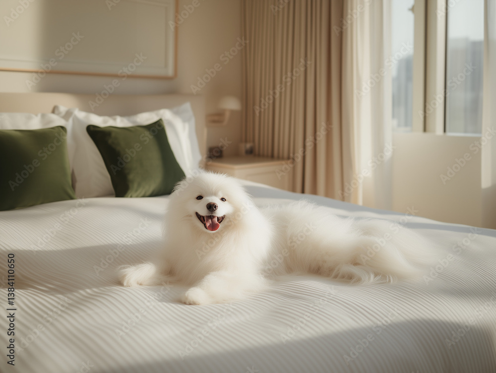 Happy Fluffy White Pomeranian Dog Smiling on Luxurious Hotel Bed with Green Pillows - Pet Friendly Accommodation with Elegant Neutral Decor and Natural Window Light - Upscale Travel with Dogs Concept Happy Fluffy White Pomeranian Dog Smiling on Luxurious Hotel Bed with Green Pillows - Pet Friendly Accommodation with Elegant Neutral Decor and Natural Window Light - Upscale Travel with Dogs Concept