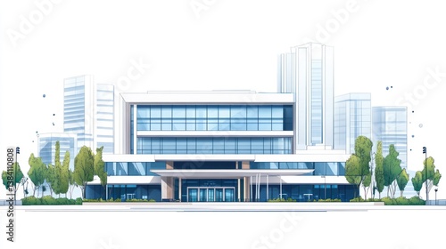 Modern city office building entrance, cityscape background, architectural design, website banner
