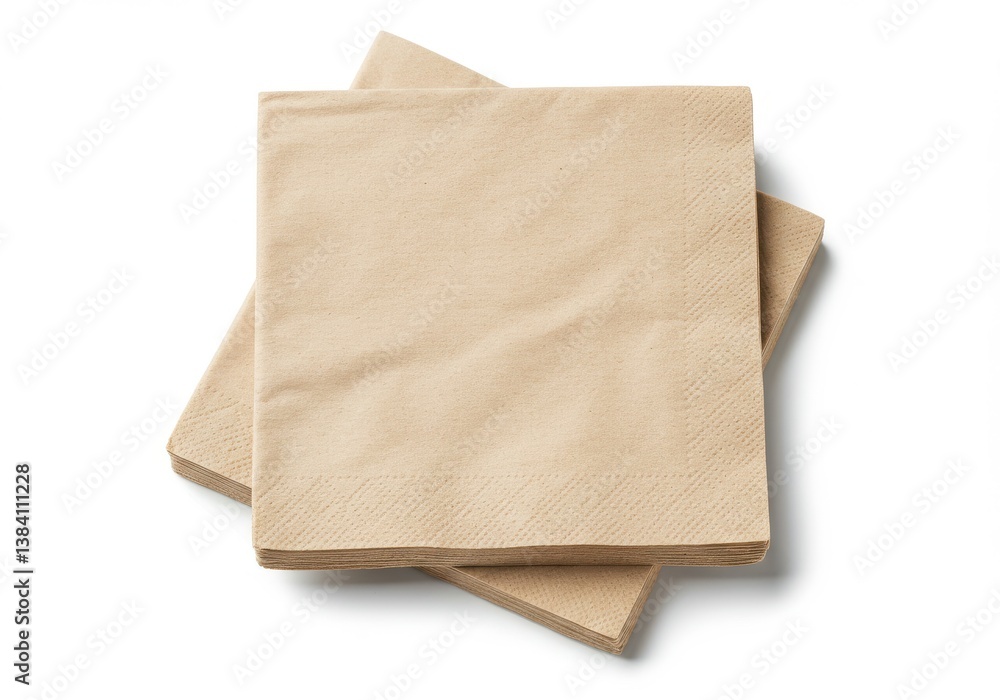 Stack of tan paper napkins on a white background with soft shadows creating a simple composition Stack of tan paper napkins on a white background with soft shadows creating a simple composition
