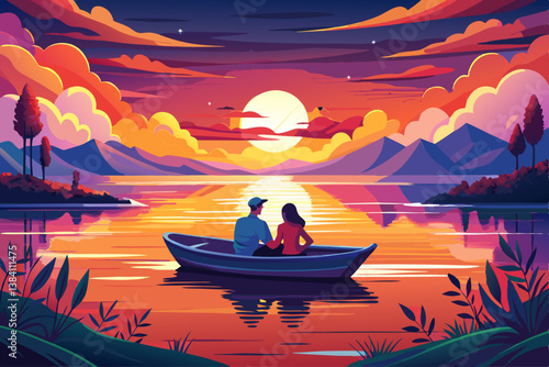vector of A couple peacefully enjoying each other's presence during a romantic boat ride, as the breathtaking sunset paints colors across the tranquil water's