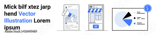 Mobile device with marketing ad, e-commerce storefront, and analytics dashboard. Ideal for advertising, e-commerce, analytics, social media, sales growth, digital strategy simple landing page