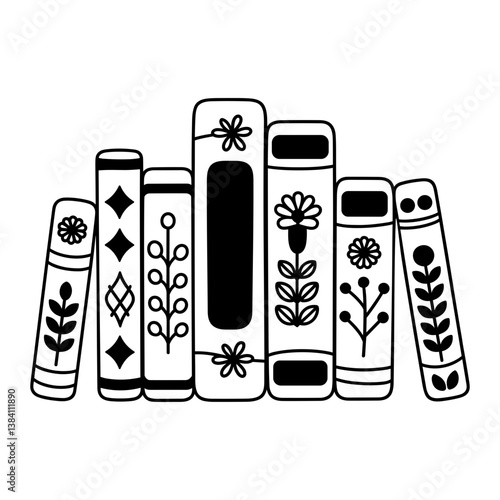 Bookshelf Line Art with Books and Decor