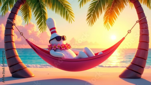 bowling pin relaxing in a hammock strung between two palm trees, wearing sunglasses and a floral lei