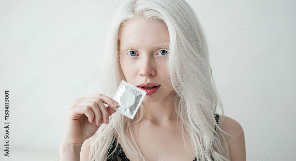 Exotic albino woman holding a condom wrapper packet, copy space, white background. Safe sex protection contraceptive, sexual health, intimate adult couple games concept Exotic albino woman holding a condom wrapper packet, copy space, white background. Safe sex protection contraceptive, sexual health, intimate adult couple games concept