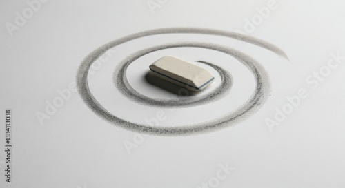 Eraser sits in center of spiral pencil mark on white paper