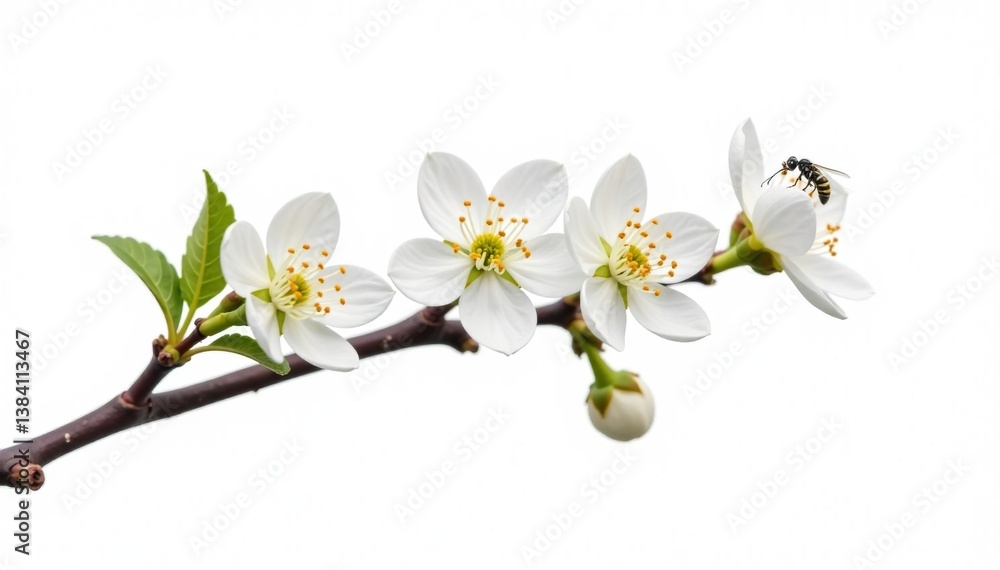 Obraz premium Single branch with small insects on white background, bloom, branch