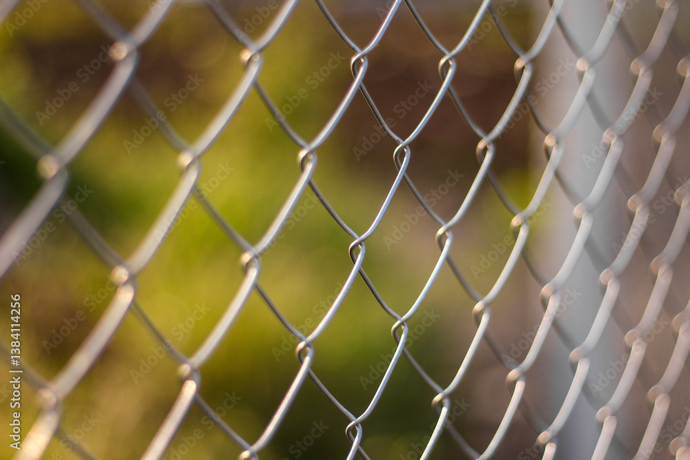 Fototapeta premium Chain link fence casting shadows against a blurred garden background 
