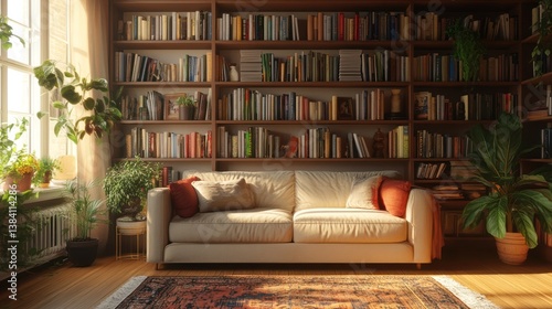 Obraz na płótnie Sunlit living room with bookshelf, plants, and sofa w salonie