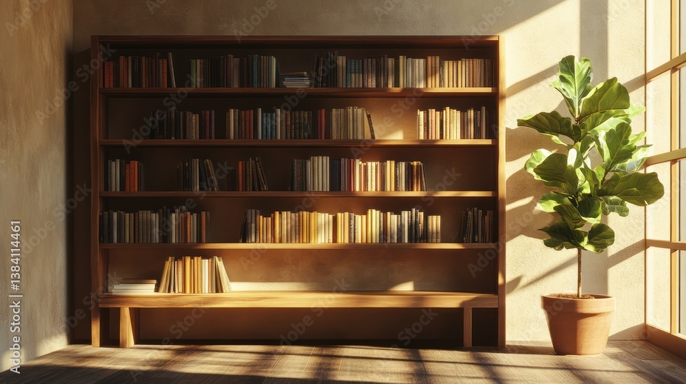 Sunlit bookshelf, books, plant, room, interior design, home office, calm, reading