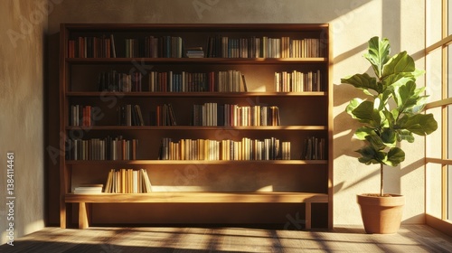 Obraz na płótnie Sunlit bookshelf, books, plant, room, interior design, home office, calm, reading w salonie
