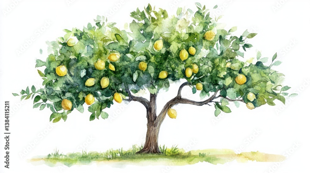 Lush lemon tree laden with fruit, isolated on white, for food, drink, or nature themes