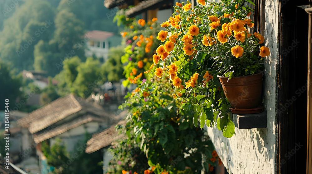 Fototapeta premium Vibrant Yellow Flowers In Potted Window Boxes Of Mountain Village