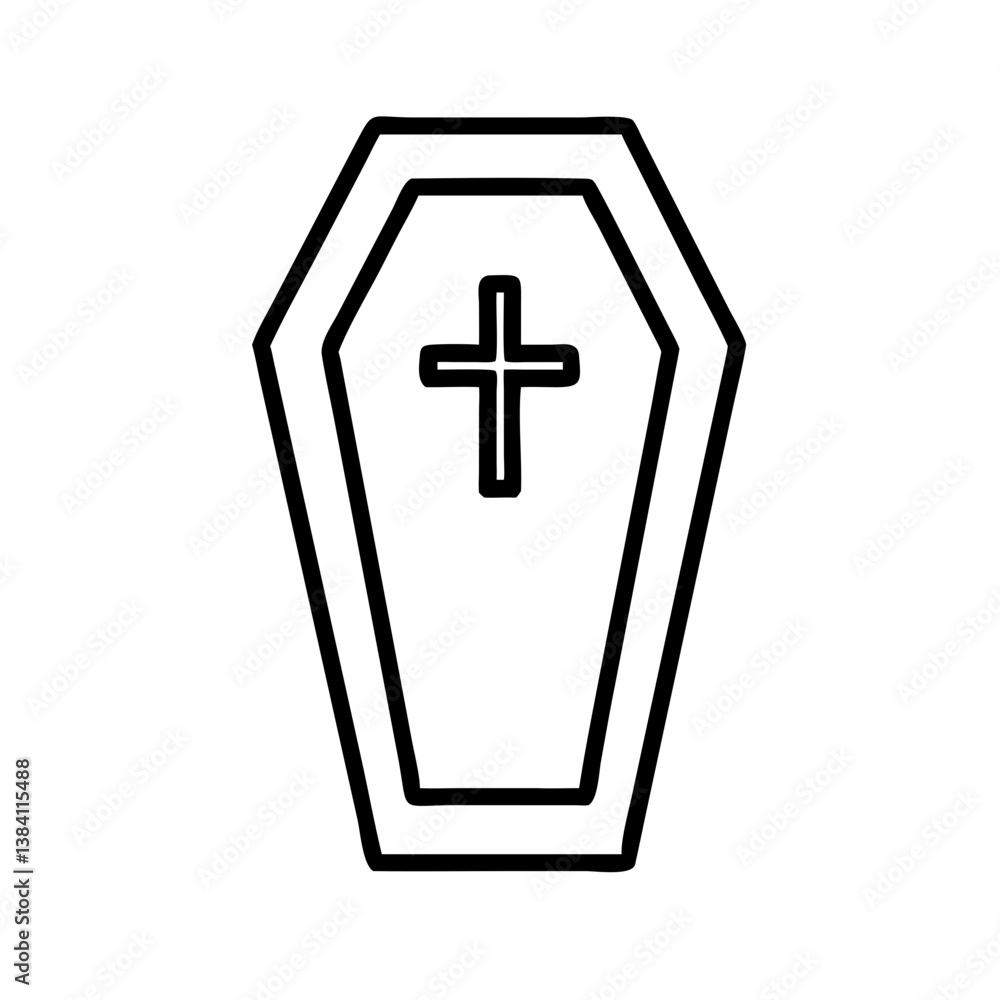 Simple line icon of coffin with cross, symbol of death, burial and remembrance, perfect for funeral services, mourning visuals or spiritual loss concepts Simple line icon of coffin with cross, symbol of death, burial and remembrance, perfect for funeral services, mourning visuals or spiritual loss concepts