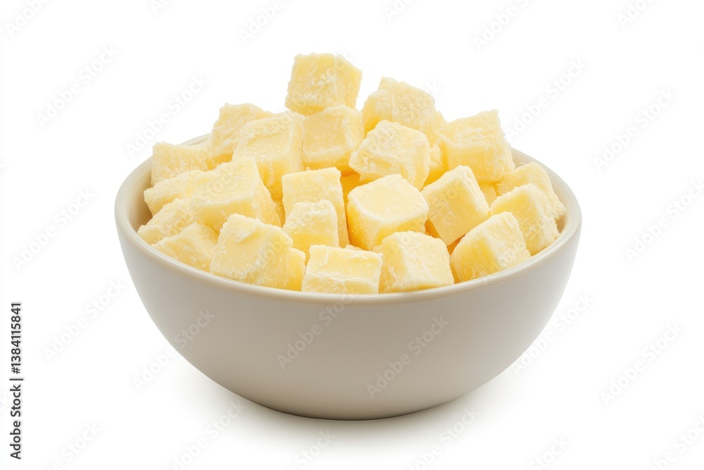 Bowl of Cubed Cheese Ready to Eat on White Background Bowl of Cubed Cheese Ready to Eat on White Background