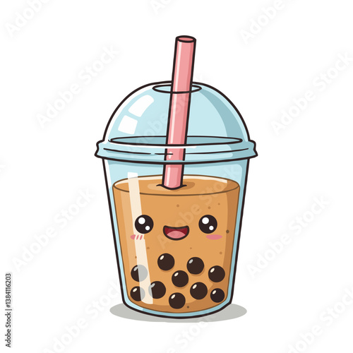 Cute bubble tea drink with smiling face and colorful straw  