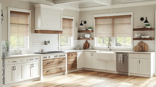 Obraz na płótnie Modern kitchen, wood blinds, sunlight, farmhouse style, home decor w salonie