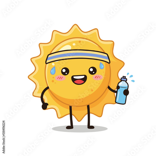 Happy sun character drinking water with sweat droplets  