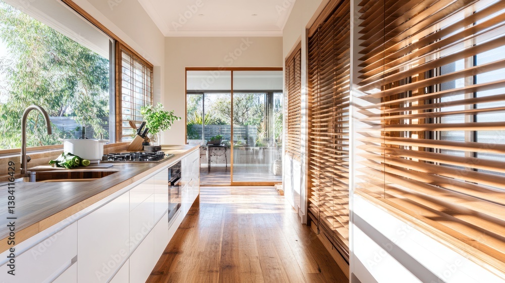 Modern kitchen, sunlight, wooden floors, backyard view, home design
