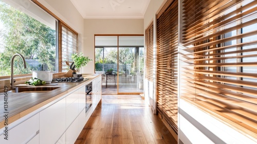 Obraz na płótnie Modern kitchen, sunlight, wooden floors, backyard view, home design w salonie