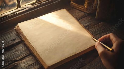 Antique book, open, awaiting writing. Sunlight streams in through a weathered window