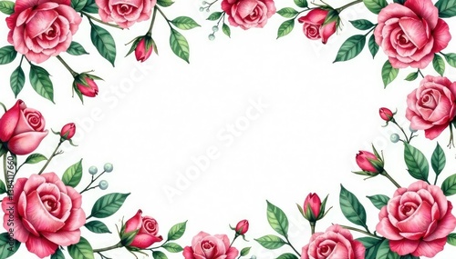 Intricate watercolor rose buds & leaves, repeating design, bloom, wedding