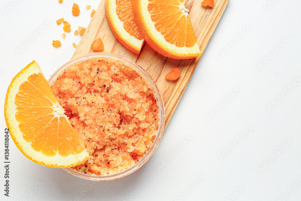 Wooden board with jar of natural body scrub and orange slices on light background, closeup