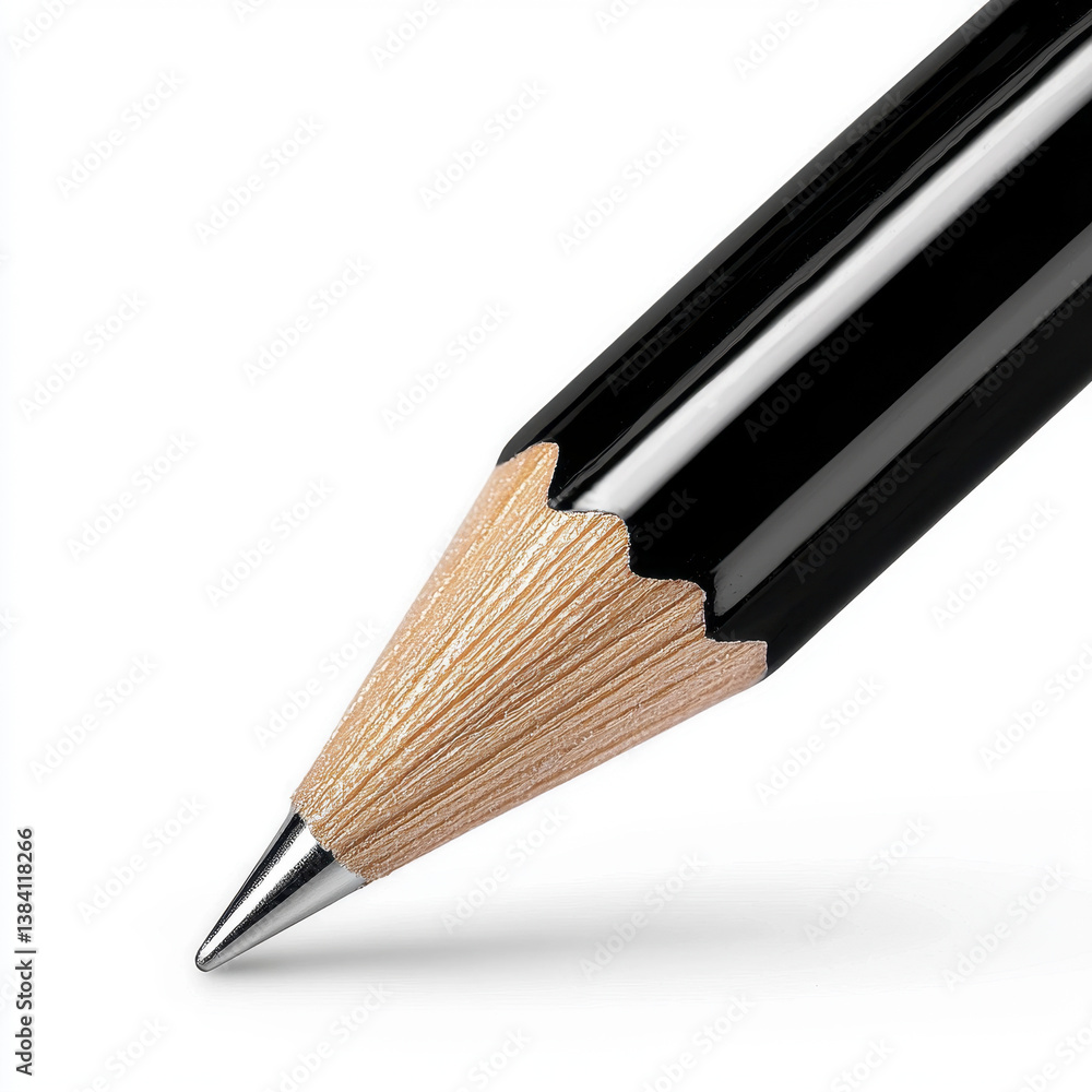 Fototapeta premium Close up of sharpened pencil tip with black body and visible light brown wood grain, isolated on white background. pencil sharp point and smooth finish evoke precision and simplicity