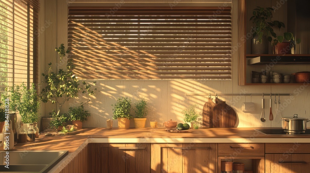 Sunny kitchen, plants, wooden counter, morning light, home design