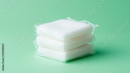 Obraz na płótnie Close-up of white medical cotton gauze, packaged in clear sterile wrap, placed against a clean green background, minimalistic composition, soft natural lighting w salonie