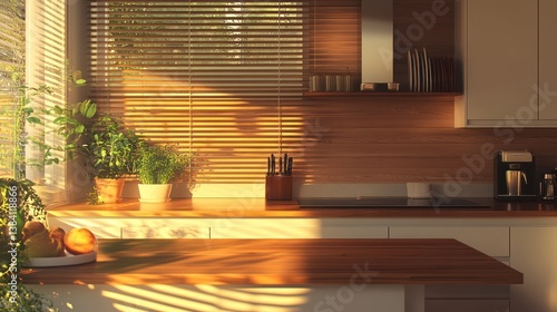 Obraz na płótnie Sunlit kitchen counter, plants, morning light. Home design, interior w salonie