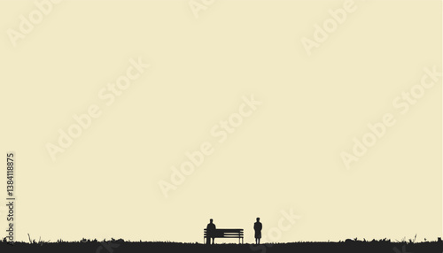 Two silhouettes contemplating on a bench against a minimal background  