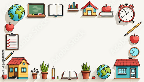 Educational frame with school items and plants in vibrant colors  
