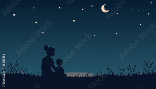 Mother and child gazing at the moonlit sky under stars  