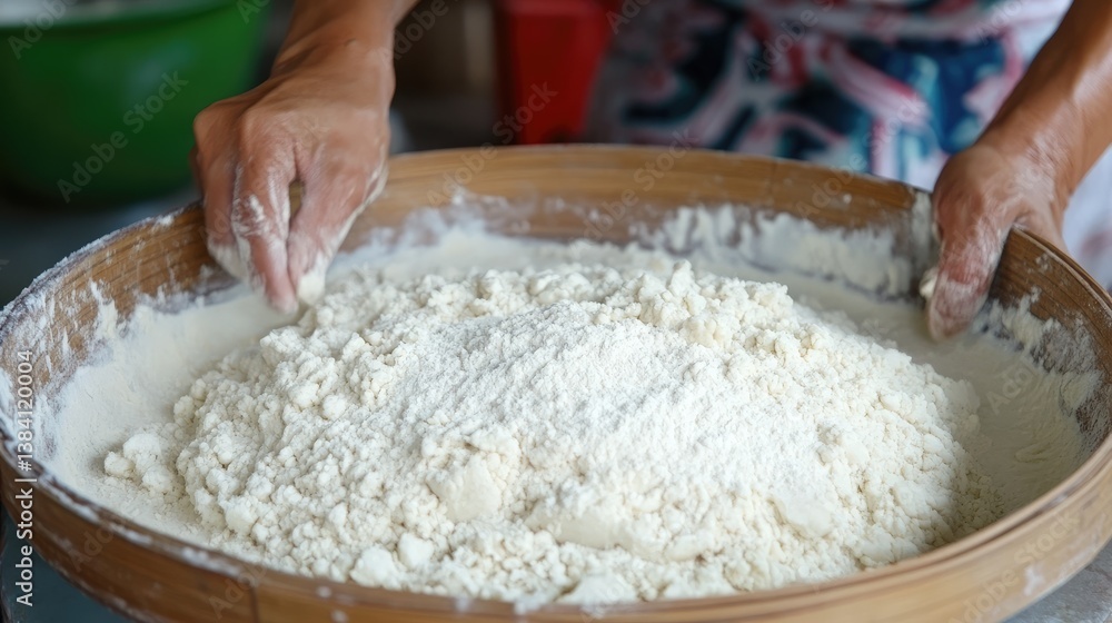 Fototapeta premium Glutinous rice flour and butterfly pea water being kneaded into a soft dough.