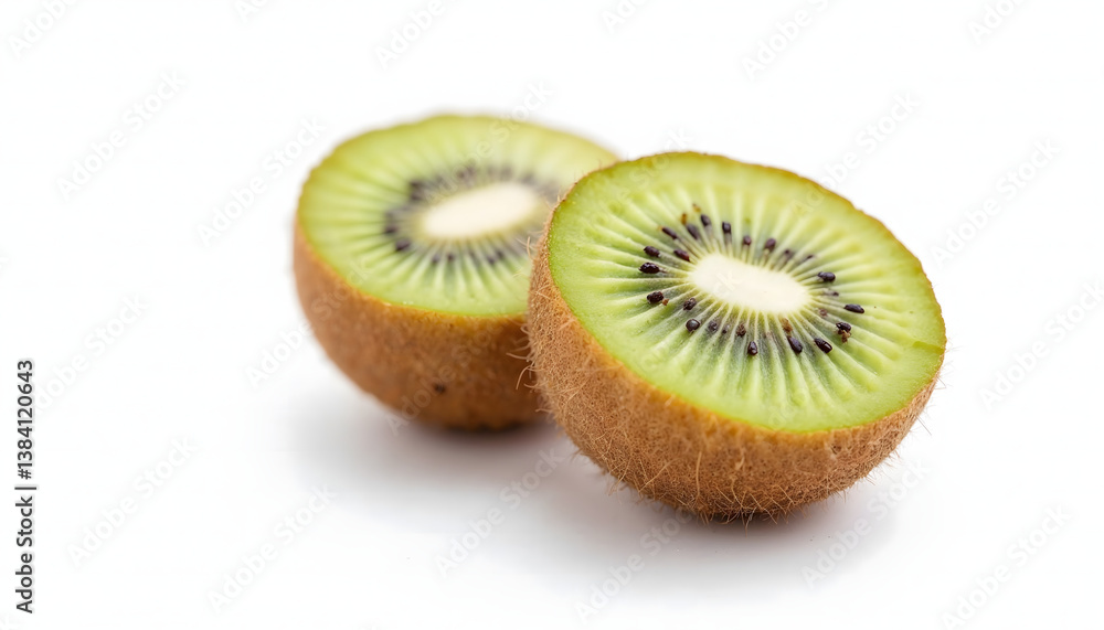 Fresh kiwi slices, vibrant green and brown, showcasing juicy texture against a white background Fresh kiwi slices, vibrant green and brown, showcasing juicy texture against a white background