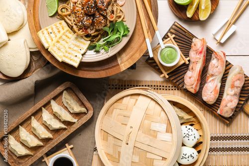 Wallpaper Mural Composition with different Chinese dishes on light wooden background, closeup Torontodigital.ca