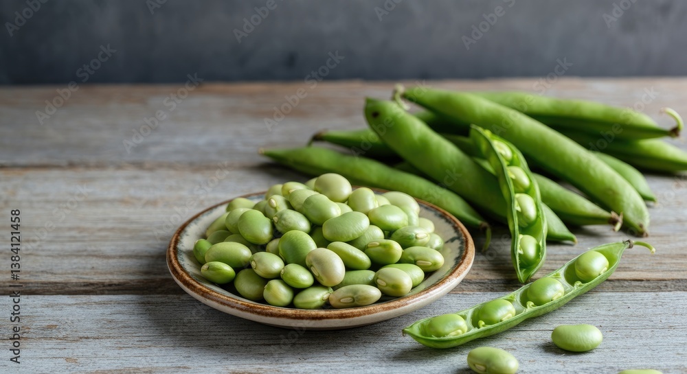 Freshly shelled green beans in bowl with pods on wooden surface Freshly shelled green beans in bowl with pods on wooden surface