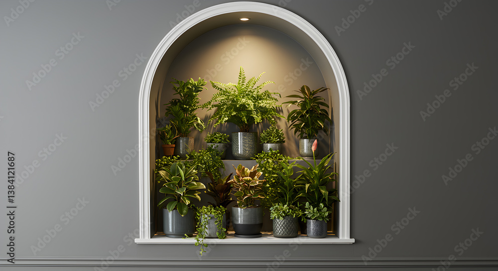 Fototapeta premium Arched Alcove Housing a Collection of Various Houseplants Indoor Display
