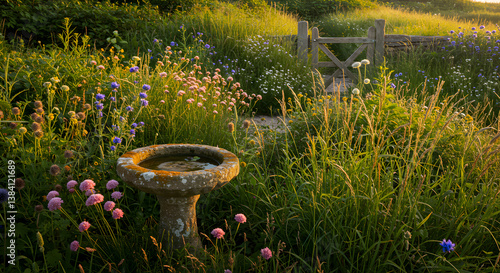 Fototapeta Naklejka Na Ścianę i Meble -  Idyllic Cottage Garden with Wild Grasses, Bird Bath and Wooden Gate