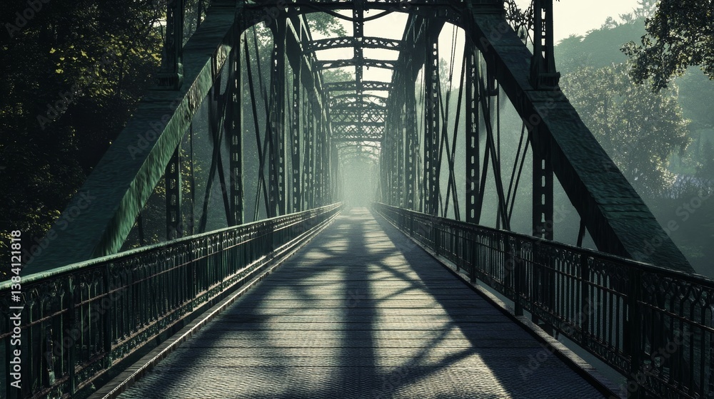 Metal bridge spans a misty area with trees in the background. Metal bridge spans a misty area with trees in the background.
