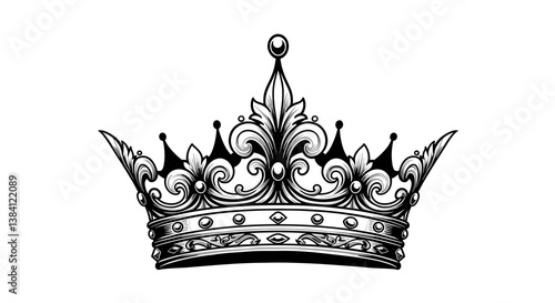 Detailed black crown tattoo with bold lines, intricate patterns, and regal, ornamental, majestic design elements.