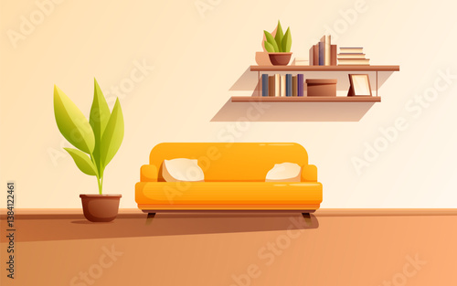 minimalist living room interior with sofa and flower, vector illustration