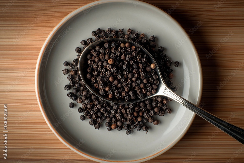 Black pepper is arranged neatly in a shallow bowl with a silver spoon resting on top. The setting features a smooth wooden background, highlighting the spices' textured appearance Black pepper is arranged neatly in a shallow bowl with a silver spoon resting on top. The setting features a smooth wooden background, highlighting the spices' textured appearance